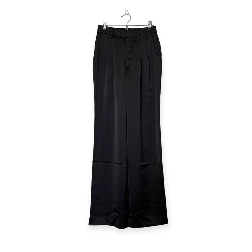[NWOT] WAYF Black Silky Satin Pleated Wide Leg Flowy Trousers Pants - Size XS